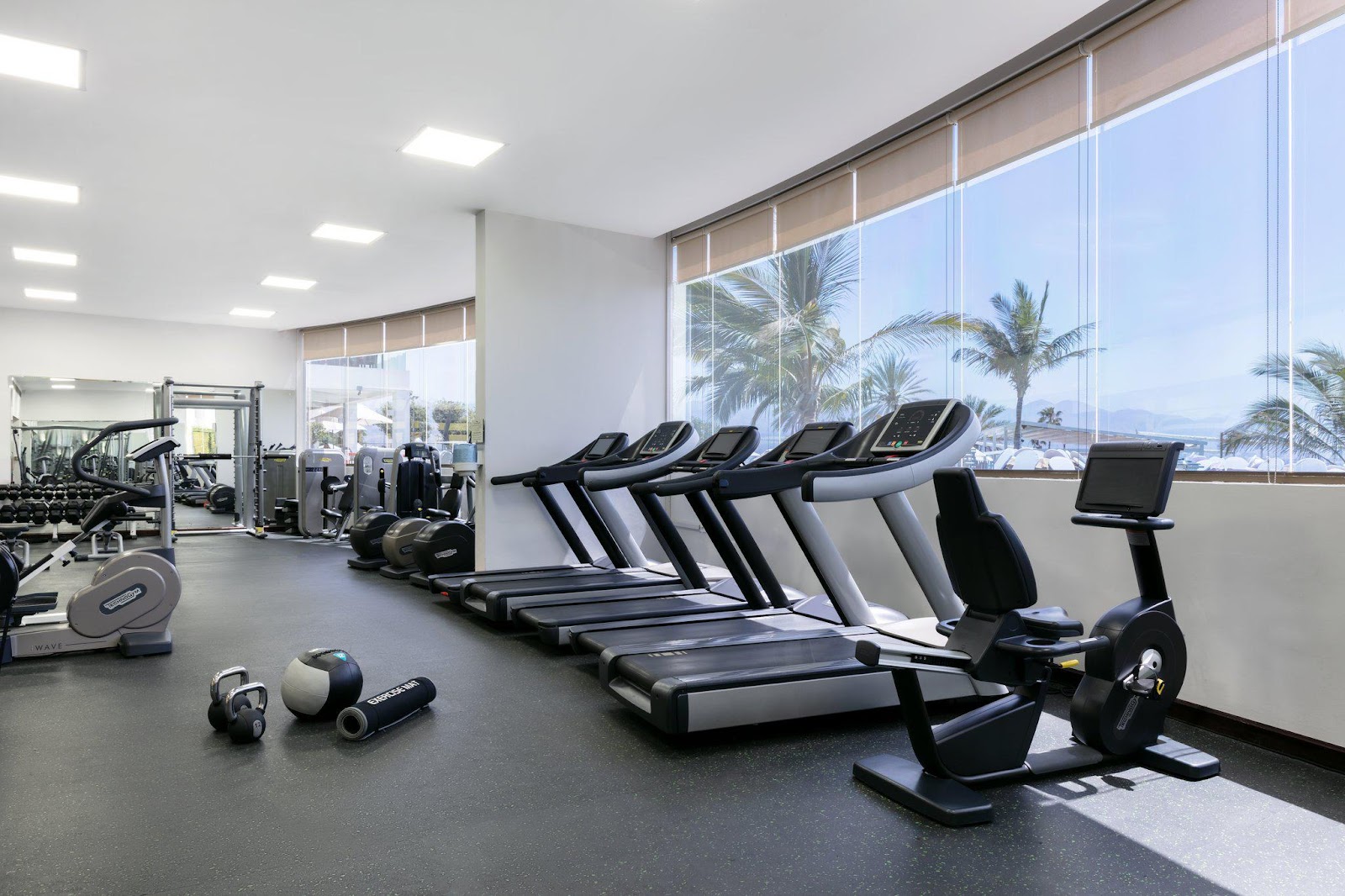 A modern hotel gym with various cardio machines (treadmills, exercise bikes), free weights, and large windows offering a view of palm trees and the exterior.