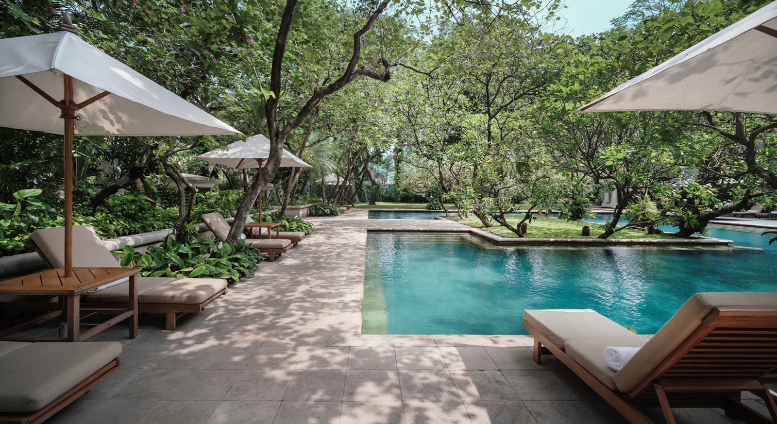An outdoor swimming pool area with multiple lounge chairs and umbrellas, shaded by numerous mature trees and lush vegetation.