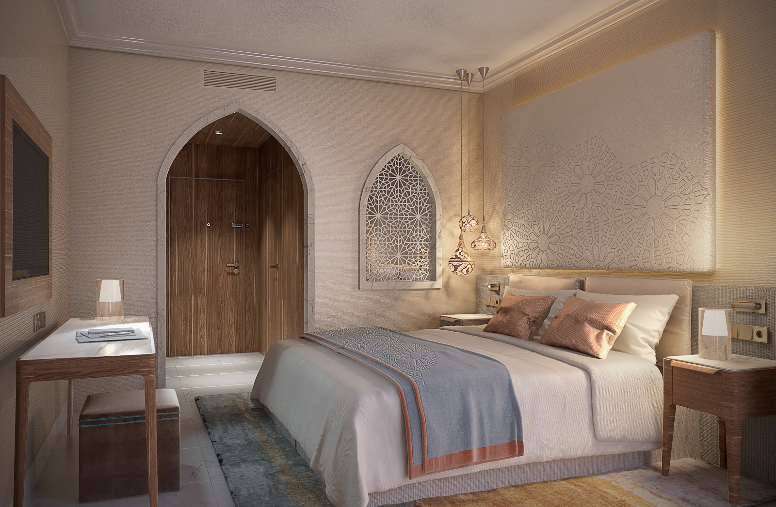 An elegant hotel room with a comfortable king-size bed, featuring tasteful Islamic design elements and modern amenities.