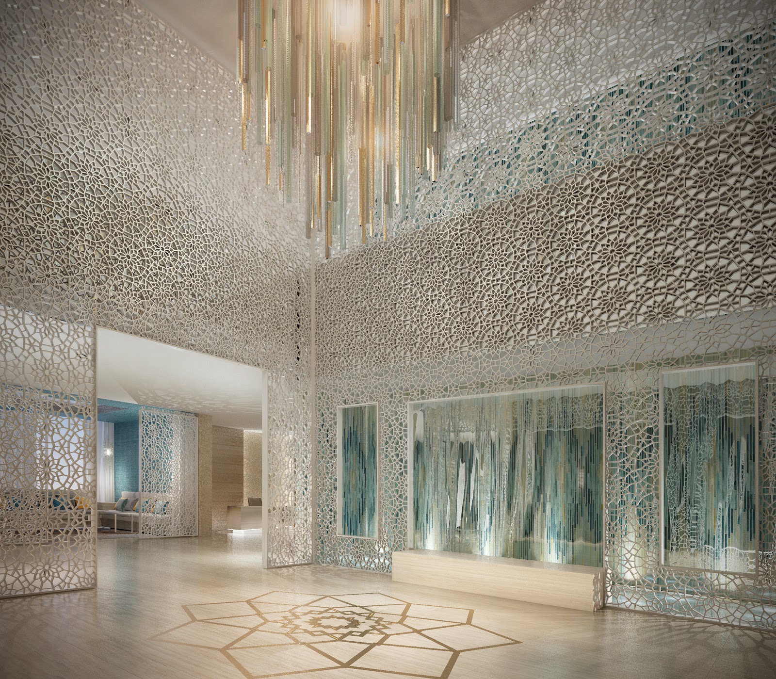 A grand and exquisitely designed hotel lobby, featuring intricate Islamic geometric patterns and a striking modern chandelier.